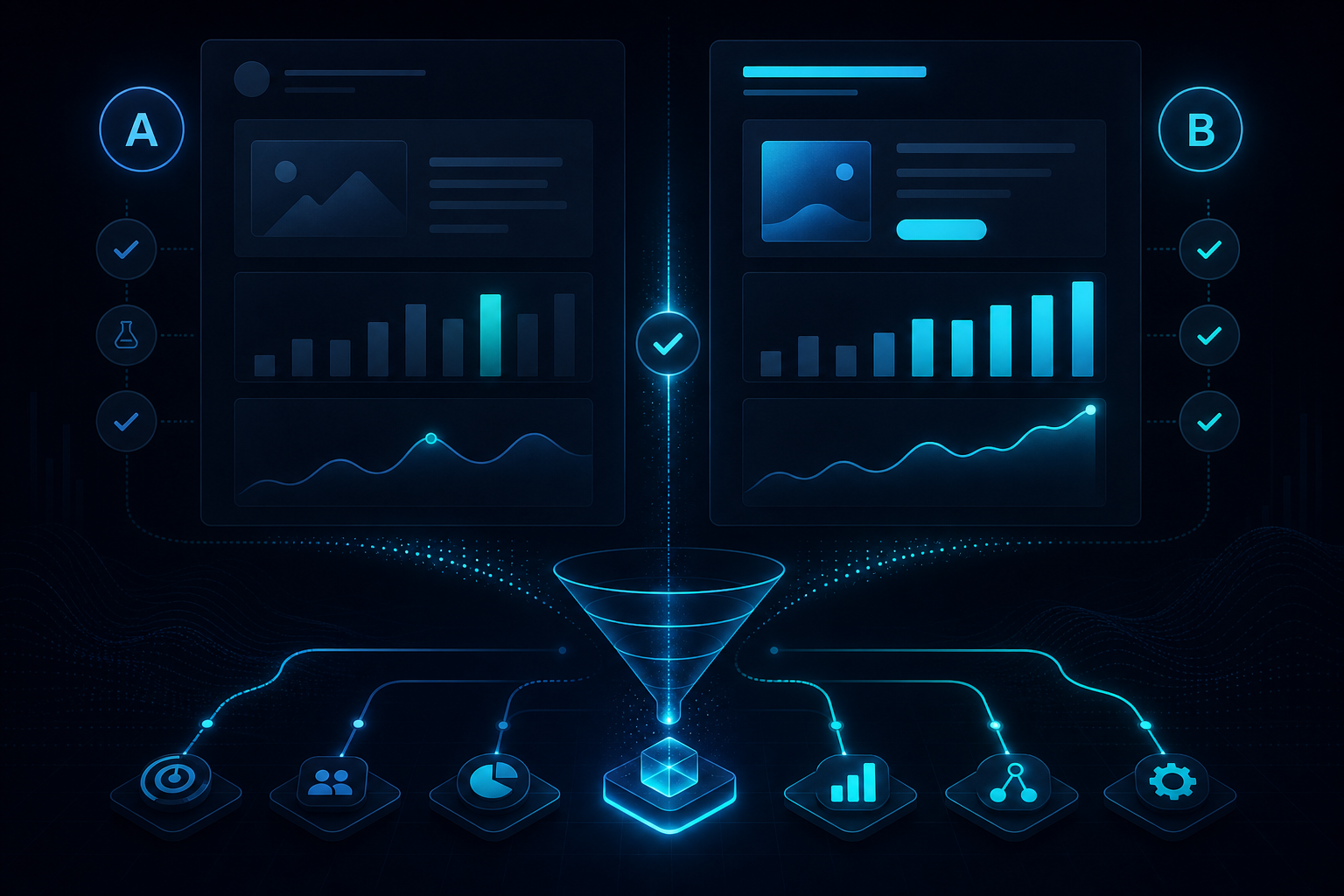 Abstract A/B testing and marketing validation dashboard with glowing comparison metrics