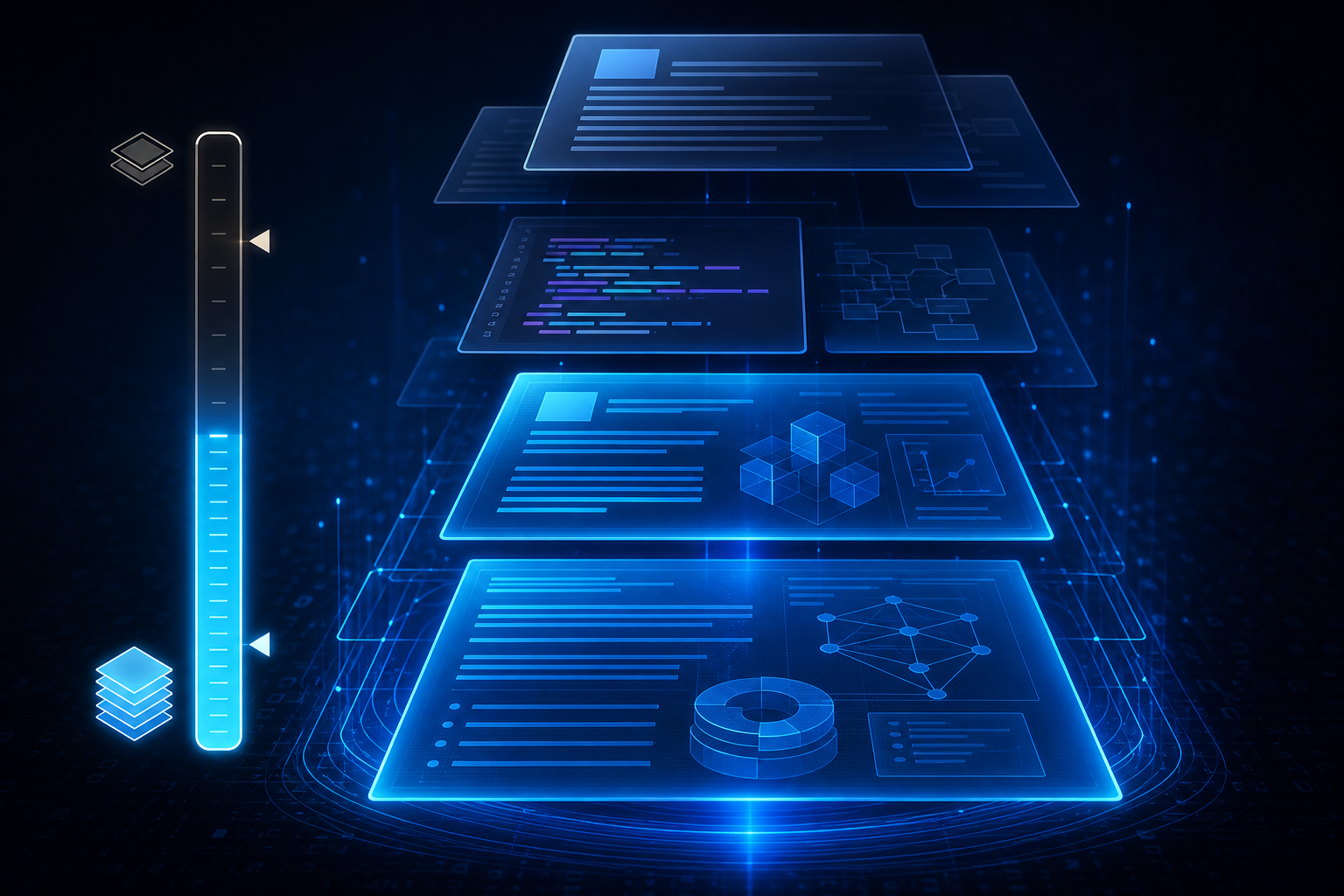 Layered technical documentation representing content depth for expert audiences