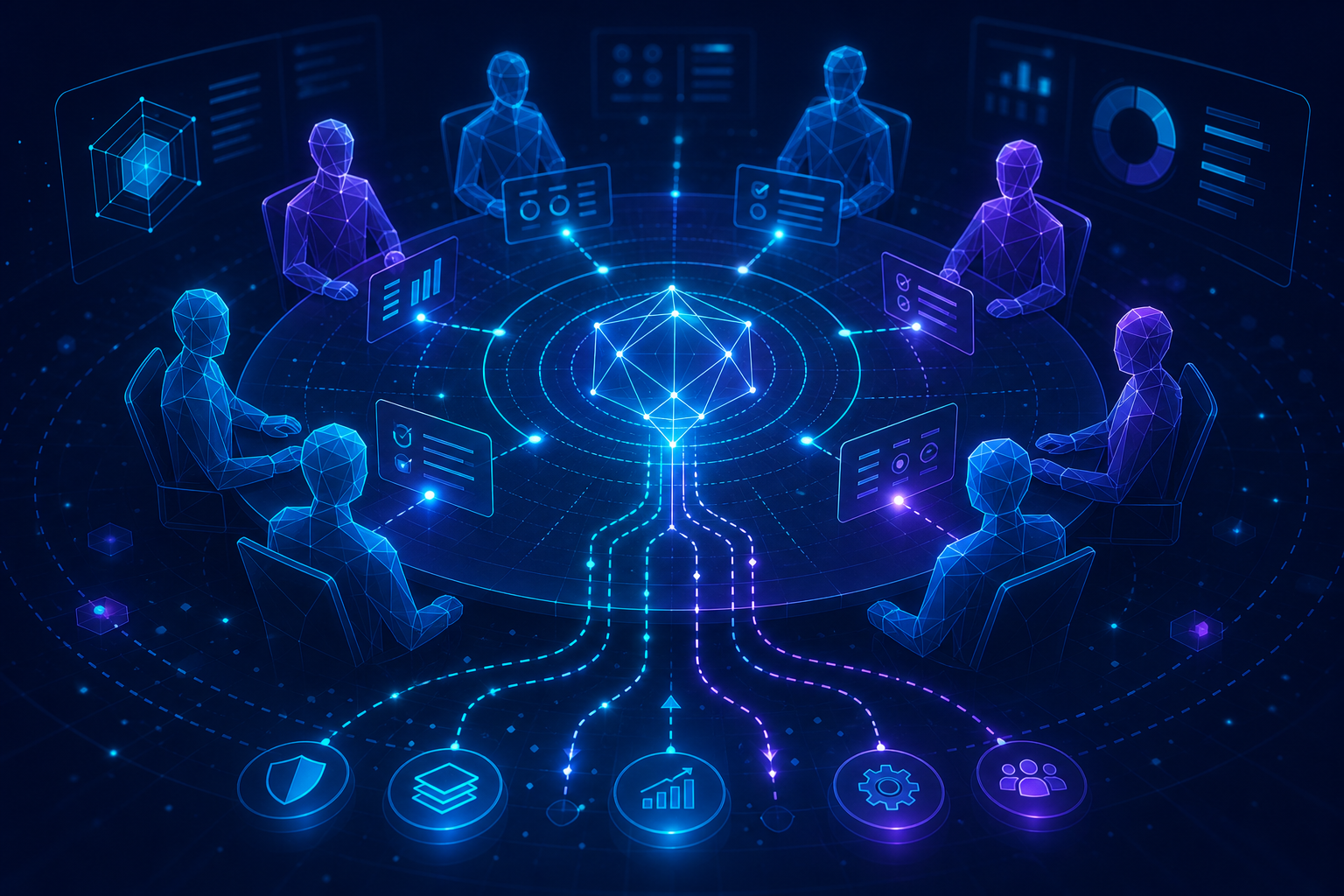 Abstract visualization of a B2B buying committee with interconnected stakeholder evaluation nodes