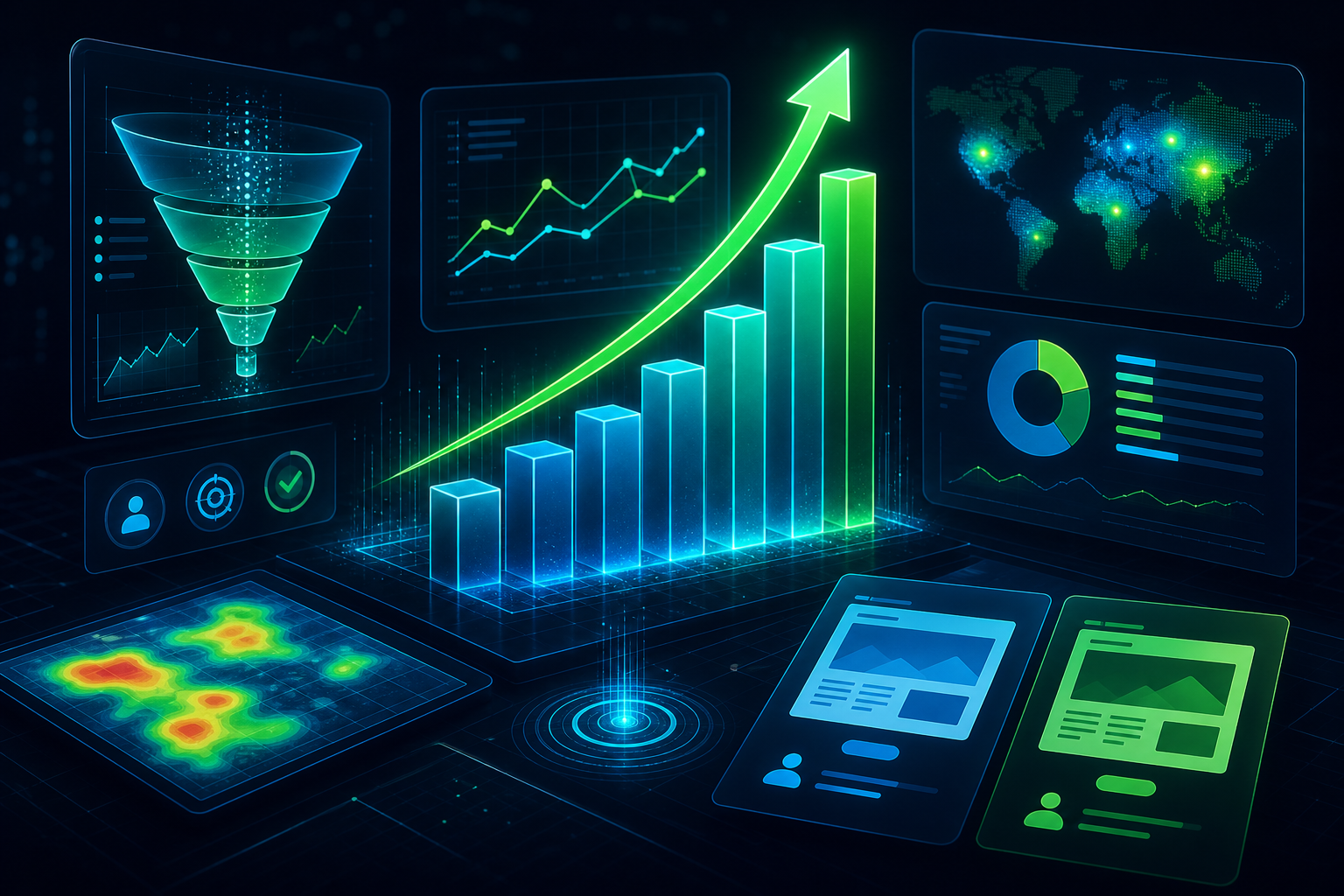 Performance analytics dashboard showing conversion funnels and ROI metrics
