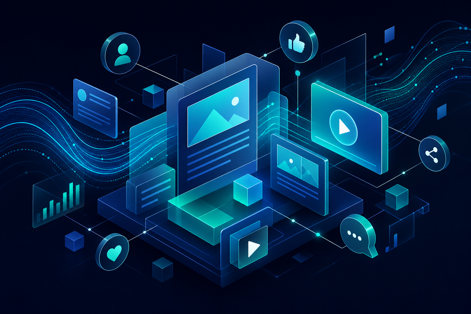 Abstract visualization of interconnected content marketing channels and brand storytelling elements