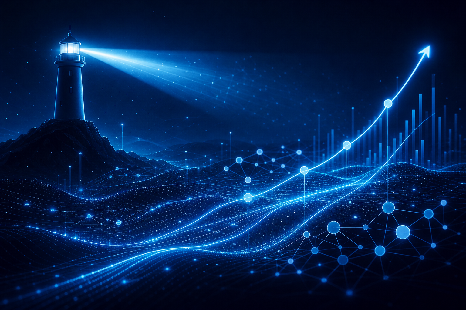 Search visibility concept showing keyword clusters and ranking growth trajectories