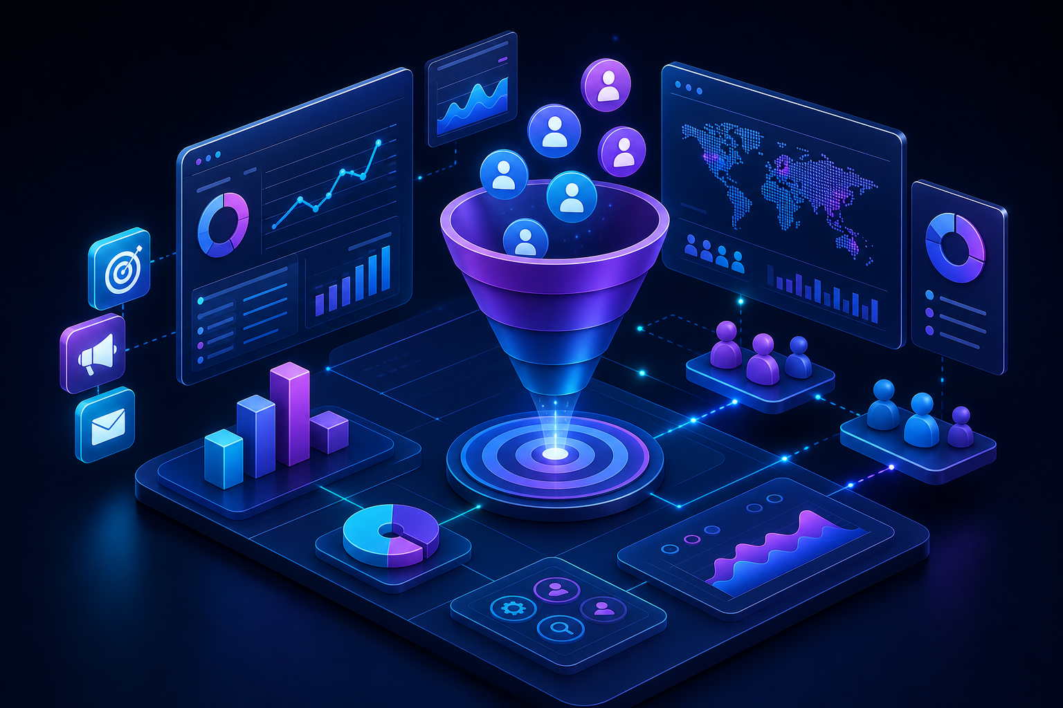 Digital strategy dashboard with audience segmentation and campaign planning visuals