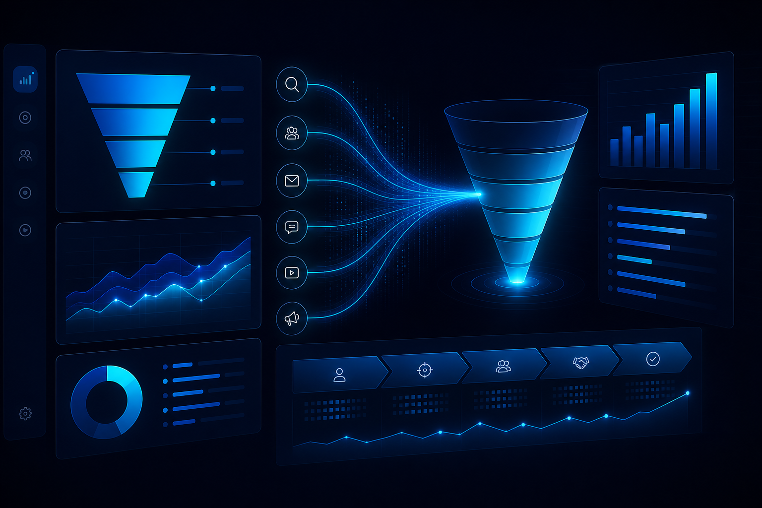 Marketing performance analytics dashboard with conversion funnels and attribution metrics
