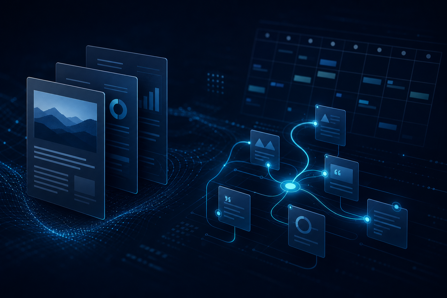 Content marketing ecosystem with editorial planning and thought leadership asset visualization