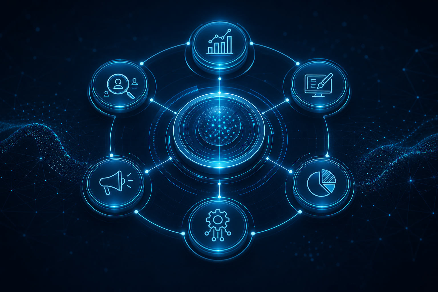Abstract visualization of six interconnected IT marketing service modules in a unified ecosystem