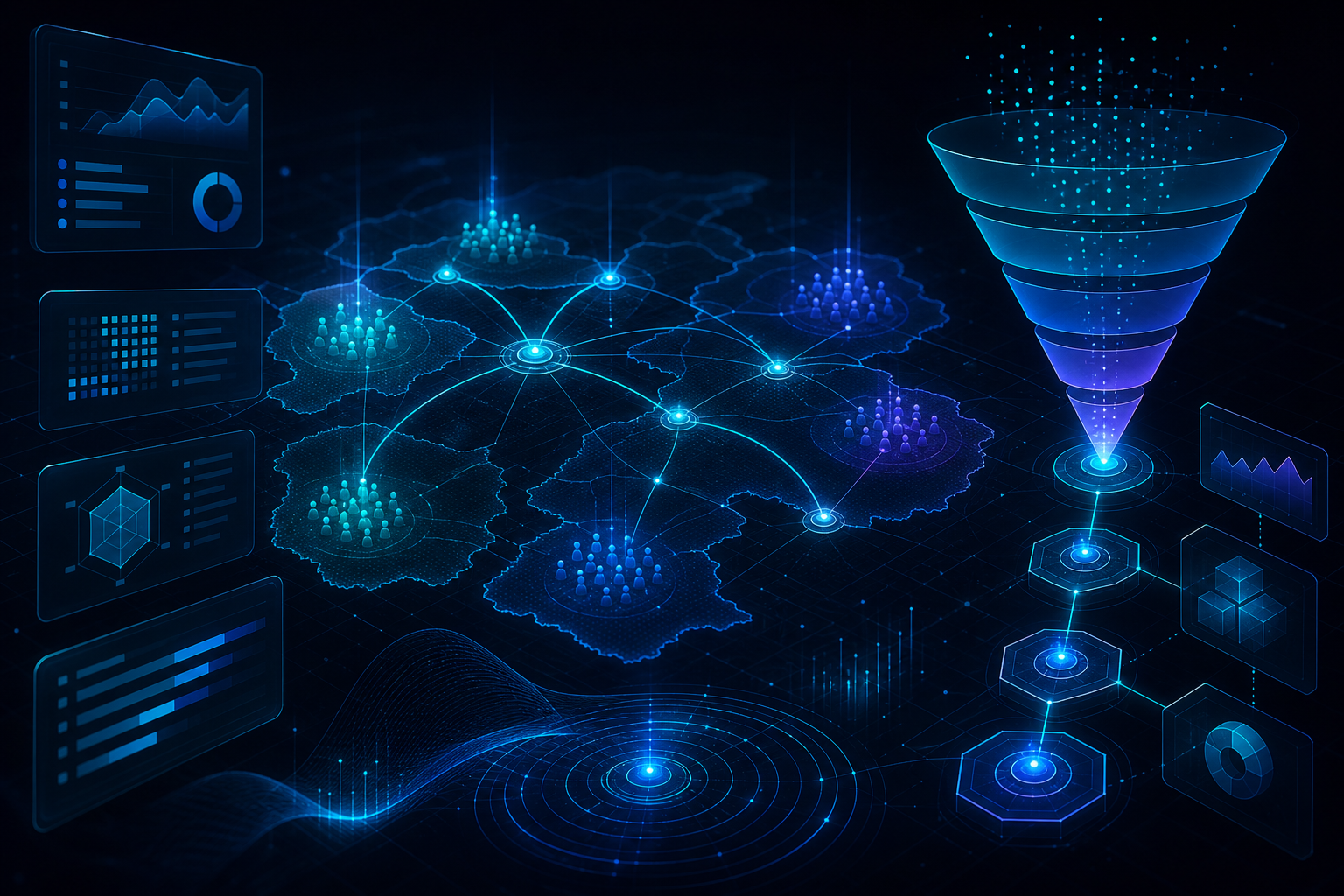 Digital strategy dashboard with competitive landscape and audience segmentation visualization