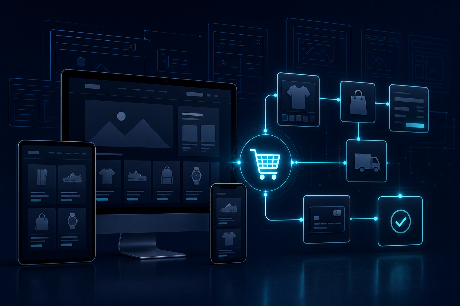 Website development and e-commerce online store with responsive layouts and checkout flow visualization